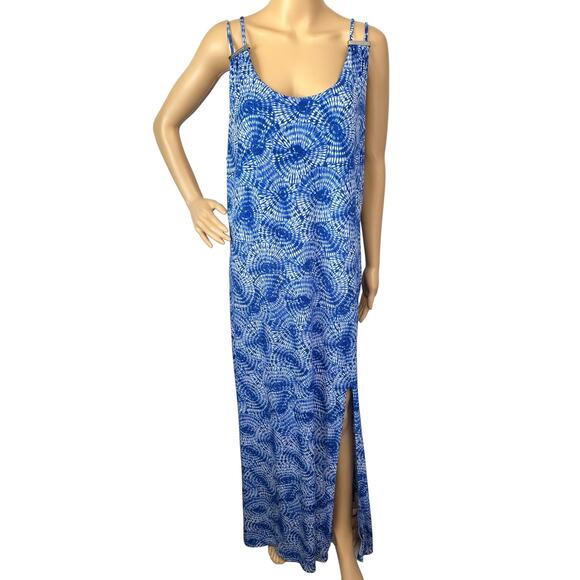 NWT Michael Kors Maxi Dress Blue Sunburst Logo Strap Side Slit Size XL - Picture 2 of 12
